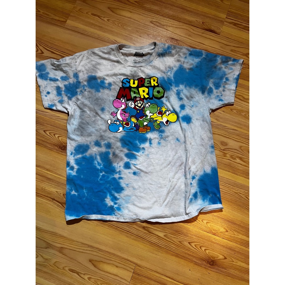 Nintendo Super Mario Bros Tie Dye Graphic T-Shirt Mens Large Blue White Yoshi